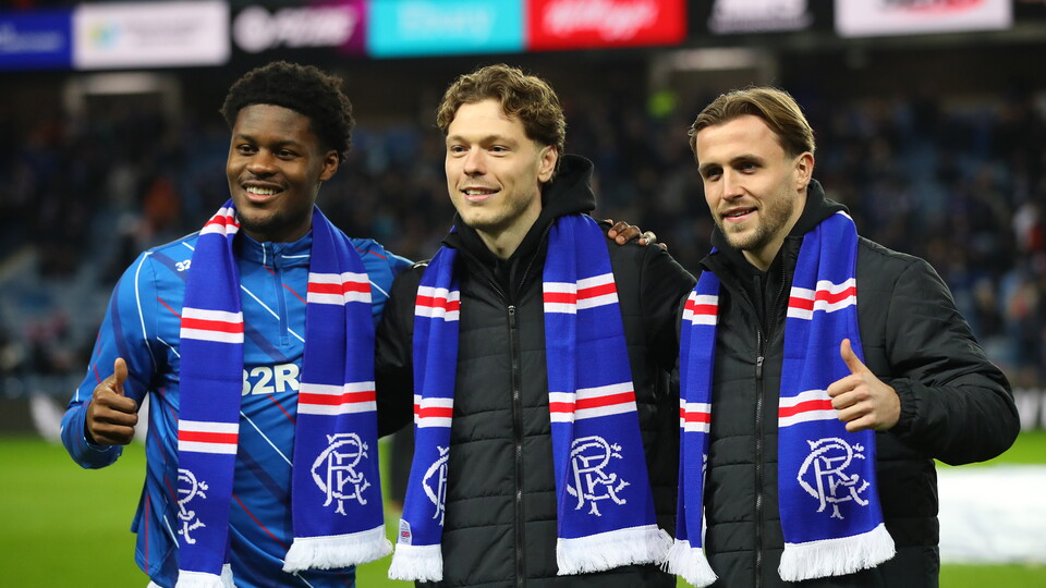 Tochi Chukwuani, Andreas Skov Olsen and Tuur Rommens at Rangers v Annan Athletic