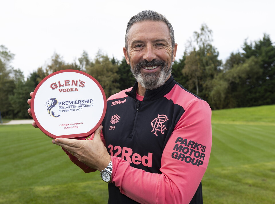 Derek McInnes poses with the Scottish Premiership Manager of the Month award