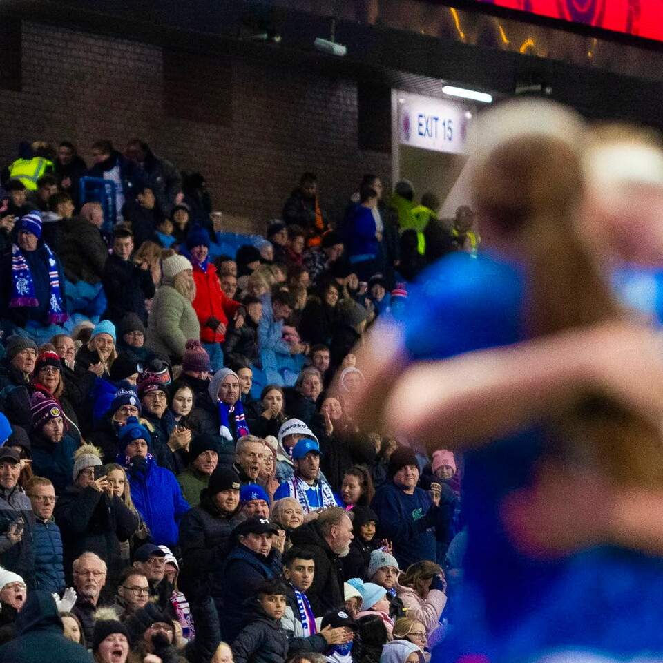 Women's team celebrate goal at Ibrox Stadium